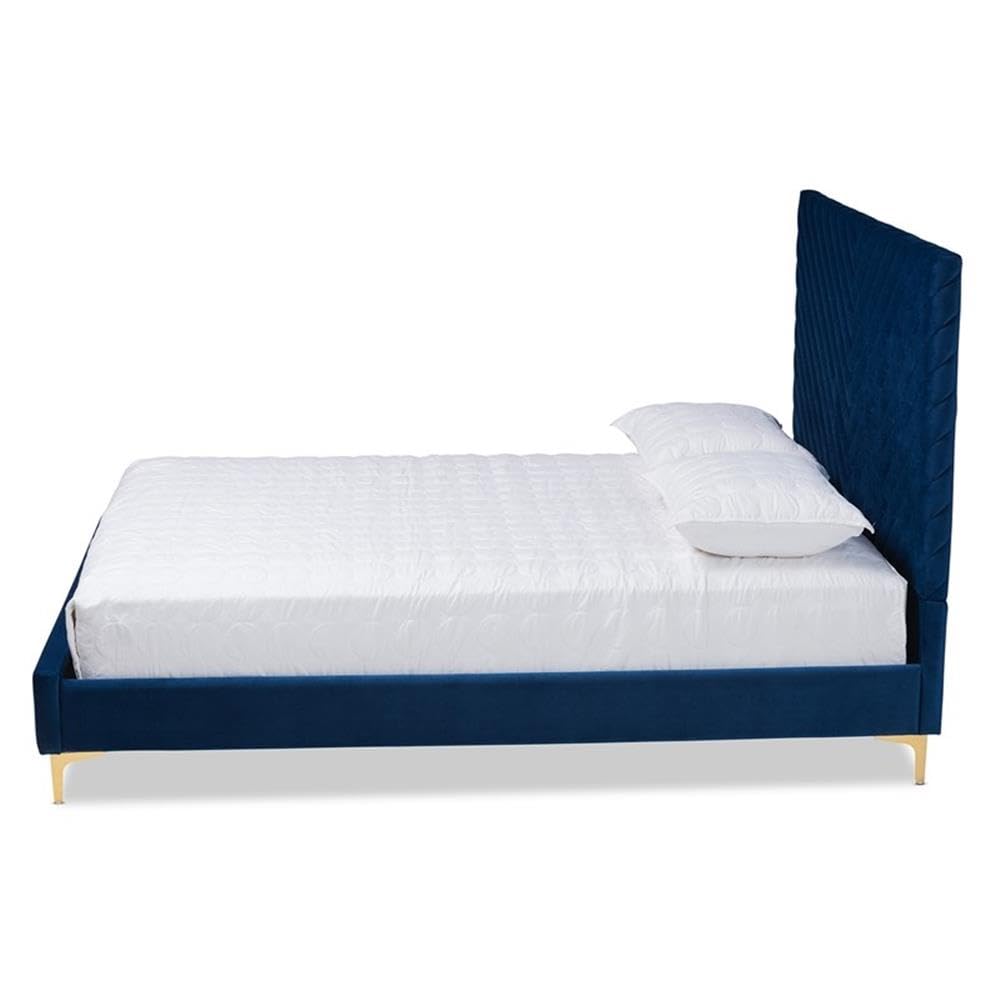 Baxton Studio Fabrico Contemporary Glam And Luxe Navy Blue Velvet Fabric Upholstered And Gold Metal King Size Platform Bed